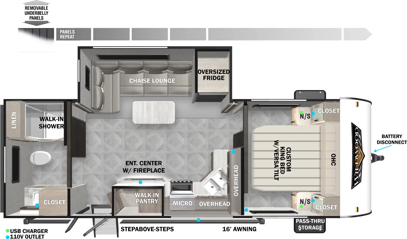 The 22RBS has one slideout and one entry. Exterior features include step above entry steps, 16 foot awning, front pass-thru storage, battery disconnect, and removable underbelly panels. Interior layout front to back: custom king bed with versa tilt, closets and night stands on each side, and an overhead cabinet; off-door side slideout with oversized refrigerator and chaise lounge with table; kitchen counter starts on inner wall and wraps to door side with sink, overhead cabinets, microwave, entertainment center with fireplace, walk-in pantry, and entry door; rear full bathroom with walk-in shower, linen cabinet, and closet.